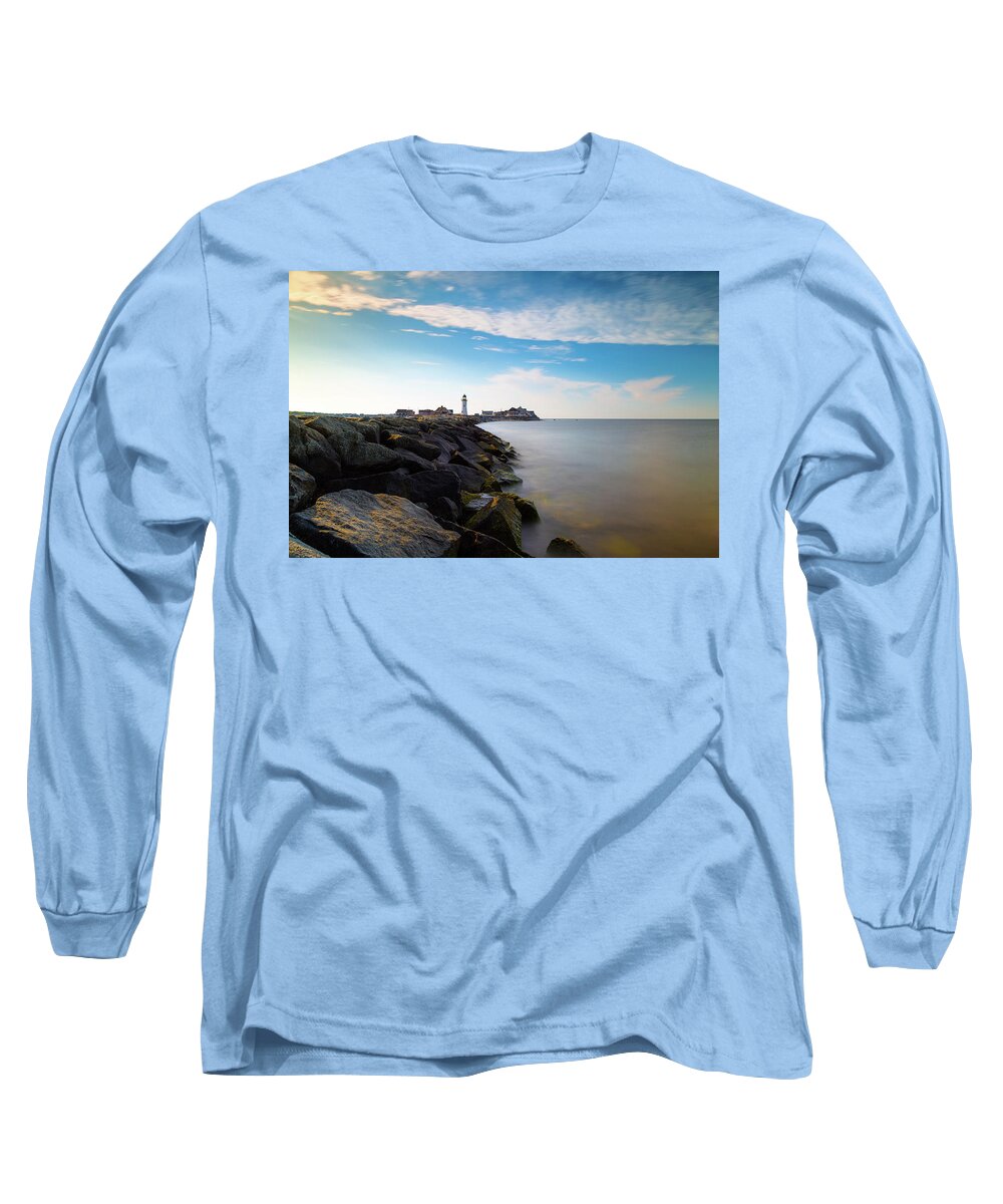 Old Scituate Light Lighthouse House Rocky Jetty Breakwater Break Water Atlantic Ocean Oceanside Sea Seaside Sky Cloud Cloudy Clouds Rocks Boulders Newengland New England Brian Hale Brianhalephoto Long Exposure Longexposure Long Sleeve T-Shirt featuring the photograph Old Scituate Light 1 by Brian Hale
