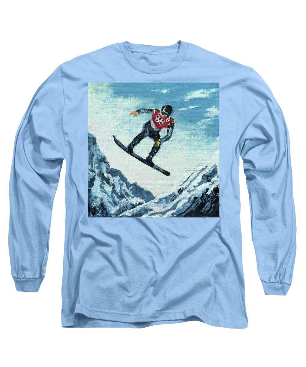 Black Long Sleeve T-Shirt featuring the painting Olympic Snowboarder by ML McCormick