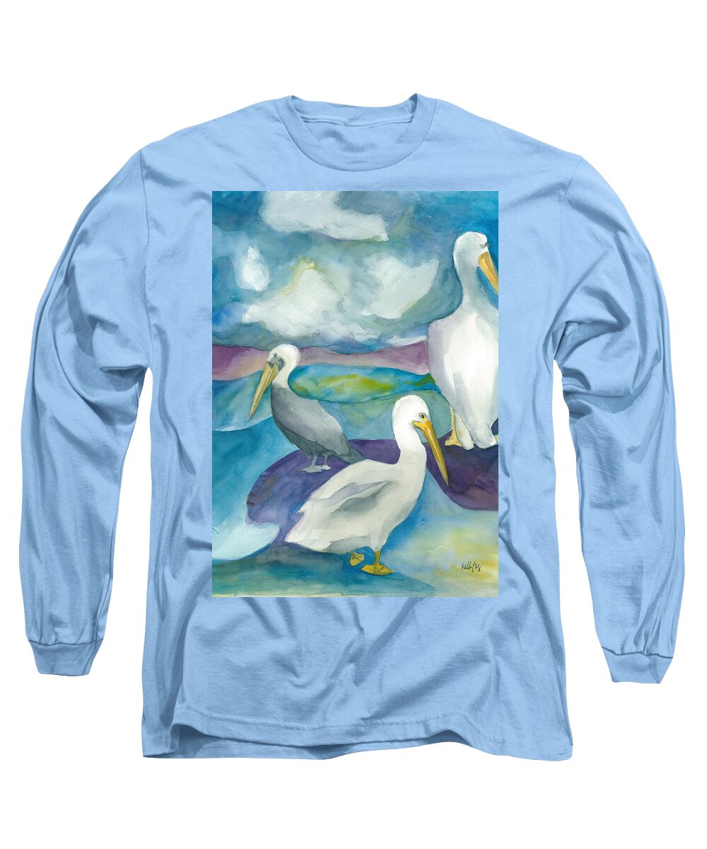 Pelicans Long Sleeve T-Shirt featuring the painting Pelicans by Kelly Perez