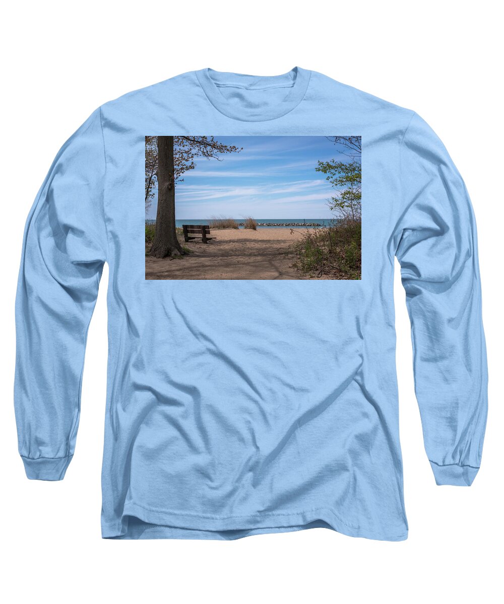Terry D Photography Long Sleeve T-Shirt featuring the photograph Presque Isle Beach Bench Lake Erie PA by Terry DeLuco
