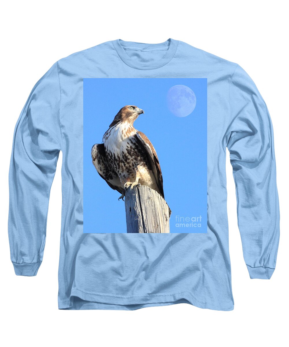 Wingsdomain Long Sleeve T-Shirt featuring the photograph Red Tailed Hawk and Moon by Wingsdomain Art and Photography