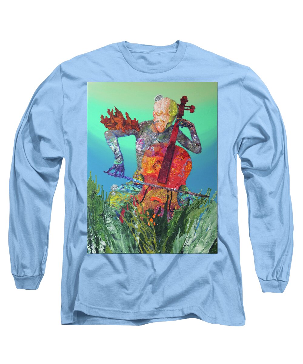 Cellist Long Sleeve T-Shirt featuring the painting Reef Music - Cellist by Marguerite Chadwick-Juner
