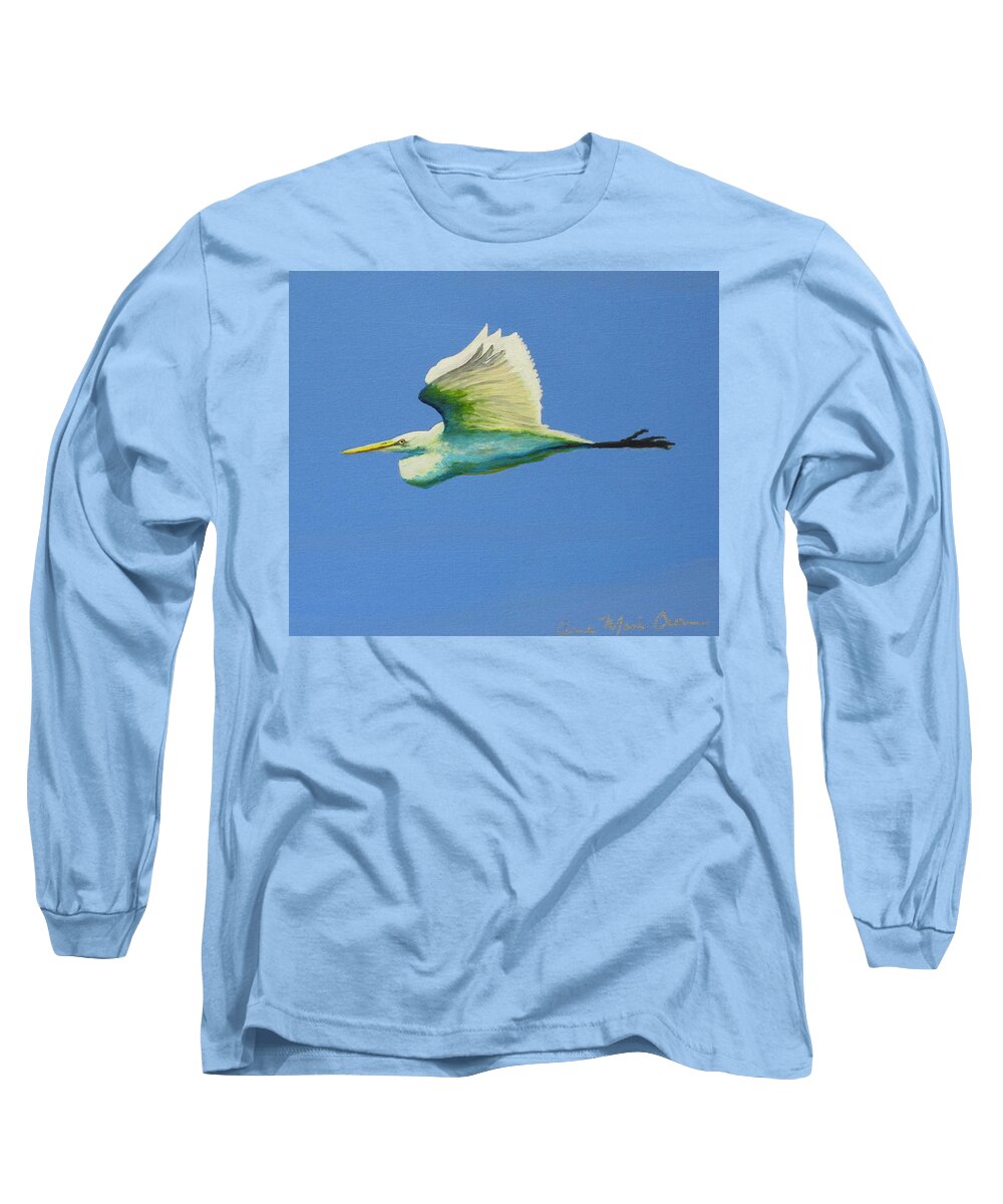 Egret Long Sleeve T-Shirt featuring the painting Rolling Egret by Anne Marie Brown