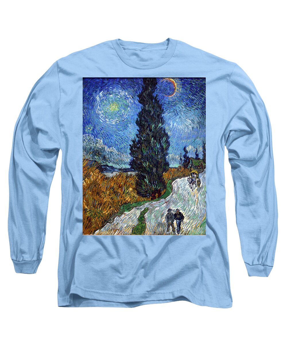 Vincent Van Gogh Long Sleeve T-Shirt featuring the painting Saint-Remy Road With Cypress and Star by Vincent Van Gogh