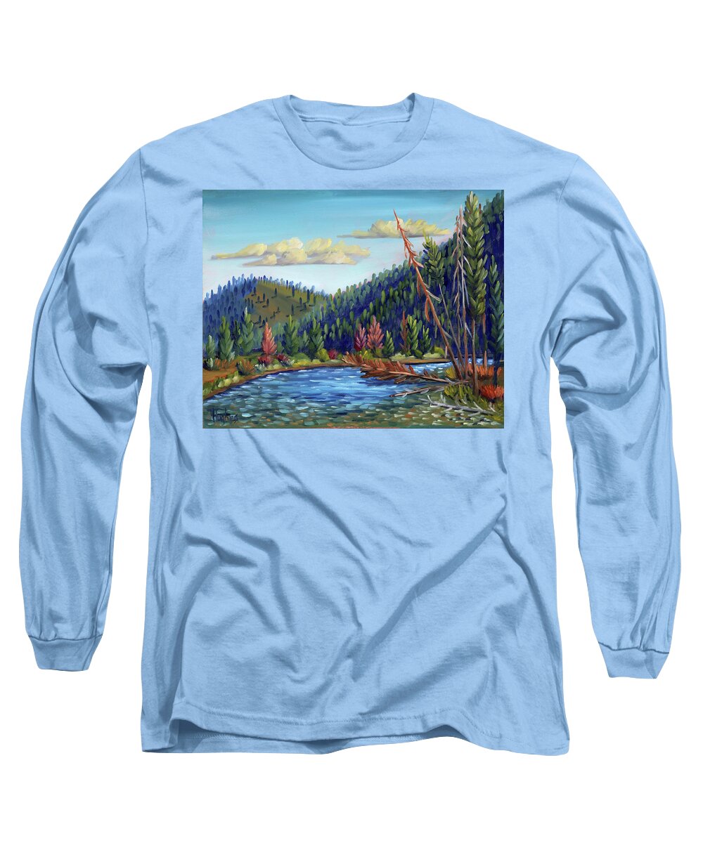 River Long Sleeve T-Shirt featuring the painting Salmon River - Stanley by Kevin Hughes