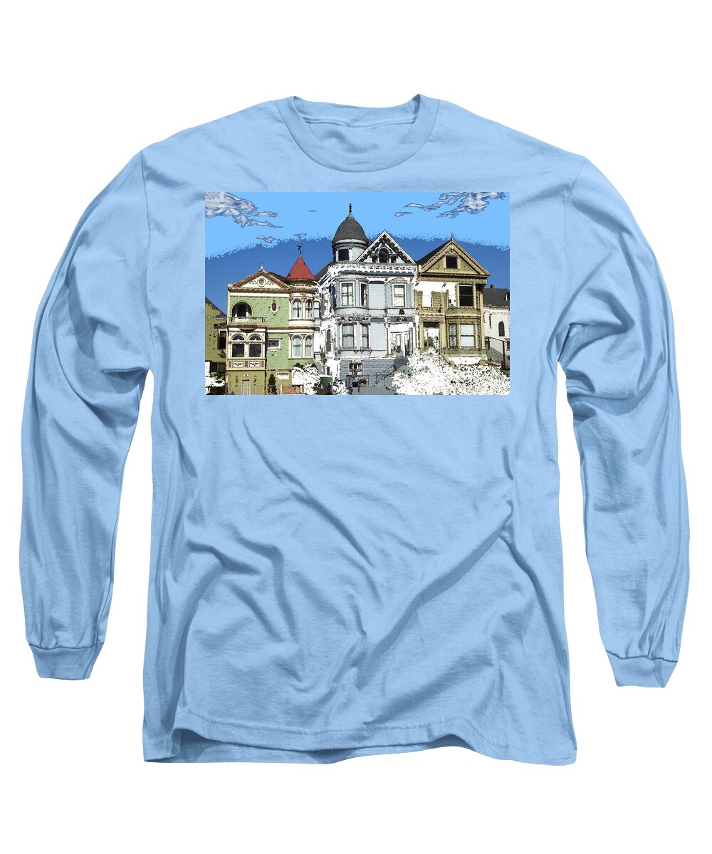 Sanfrancisco Long Sleeve T-Shirt featuring the drawing San Francisco Alamo Square - Modern Art Painting by Peter Potter