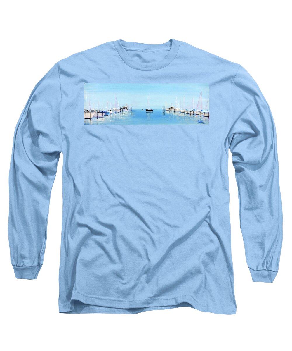 Seascape Long Sleeve T-Shirt featuring the painting Serene Atlantic Highlands Marina by Leonardo Ruggieri