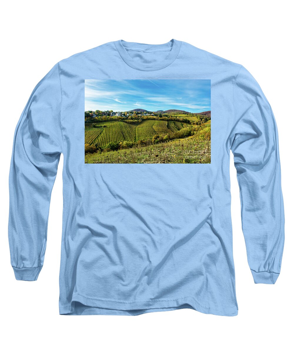 Austria Long Sleeve T-Shirt featuring the photograph Settlement with Houses at Vineyard in Autumn in Austria by Andreas Berthold