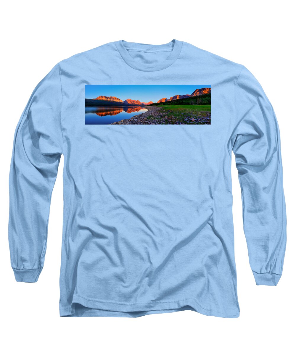 Lake Sherburne Long Sleeve T-Shirt featuring the photograph Sherburne Shore Sunrise Panorama by Greg Norrell