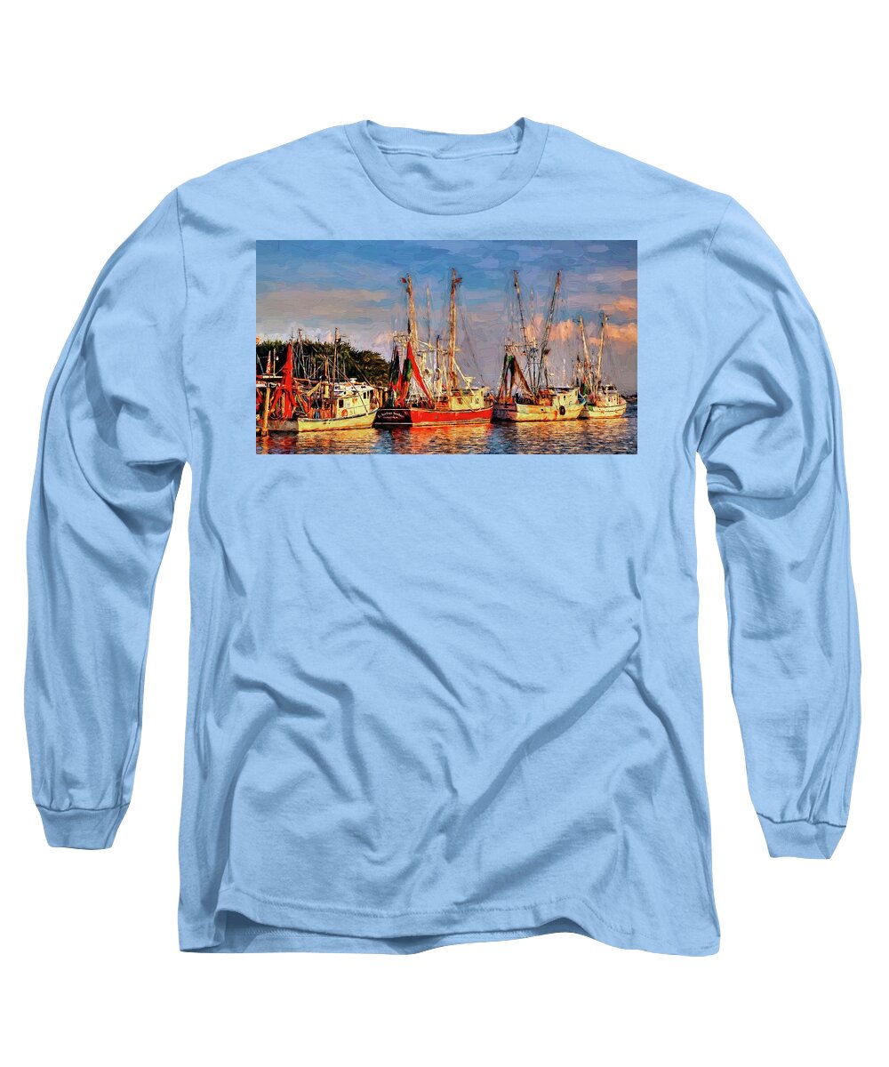 Carol R Montoya Long Sleeve T-Shirt featuring the photograph Shrimp Boats Shem Creek In Mt. Pleasant South Carolina Sunset by Carol Montoya