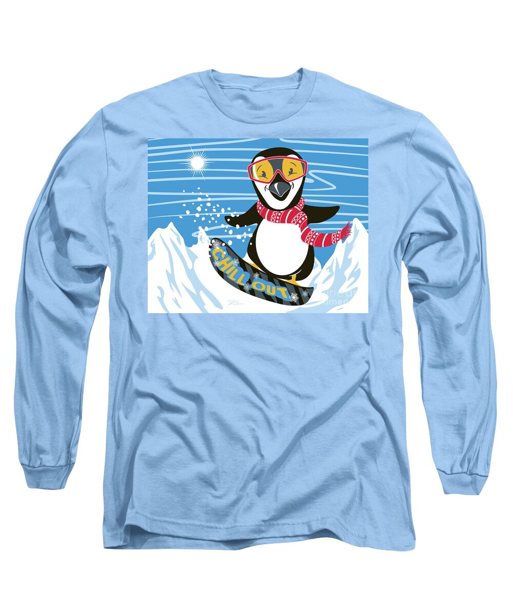 Penguin Long Sleeve T-Shirt featuring the digital art Snowboarding Penguin by Shari Warren