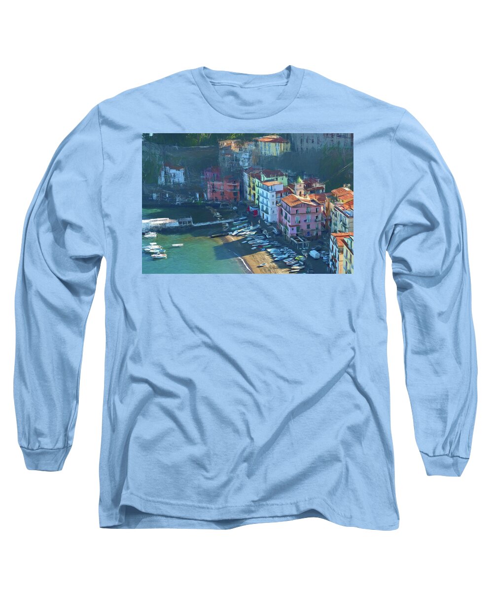 Photopainting Long Sleeve T-Shirt featuring the photograph Sorrento Marina Grande Colored Pencil by Allan Van Gasbeck