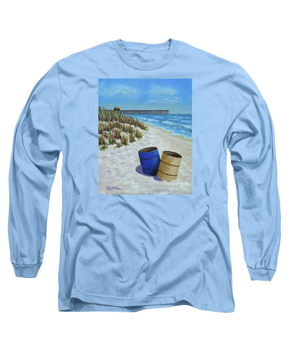 Trash Cans Long Sleeve T-Shirt featuring the painting Spring Day on the Beach by Val Miller