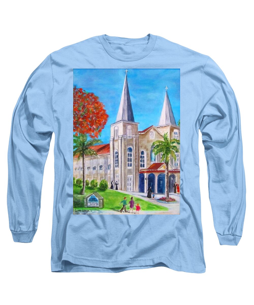 St. Mary's Long Sleeve T-Shirt featuring the painting St. Mary's Catholic Church Key West by Linda Cabrera