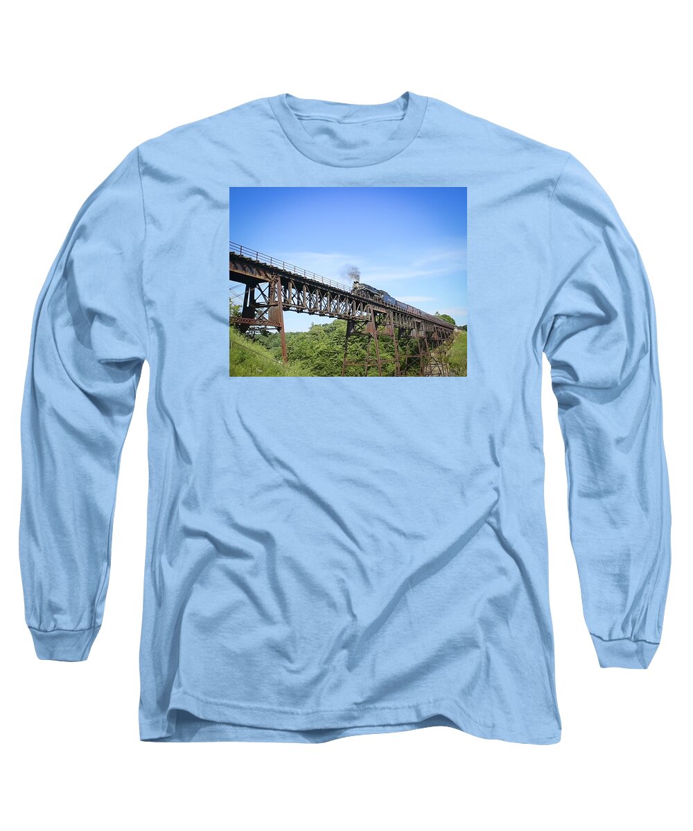 Steam Engine Over Letchworth State Park Long Sleeve T-Shirt featuring the photograph Steam Engine over the Trestle by Joe Granita