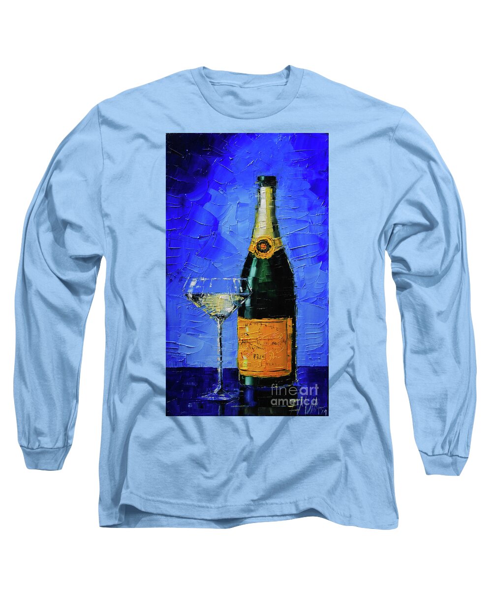 Still Life Long Sleeve T-Shirt featuring the painting Still life with champagne bottle and glass by Mona Edulesco