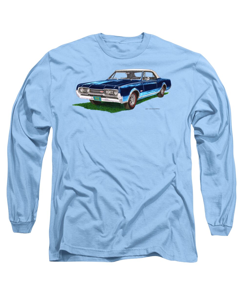 Watercolor Art Of 1967 Oldsmobile442 Convertible Tee Shirts Long Sleeve T-Shirt featuring the painting Tee shirt art 1967 Oldsmobile 4 4 2 Convertible by Jack Pumphrey