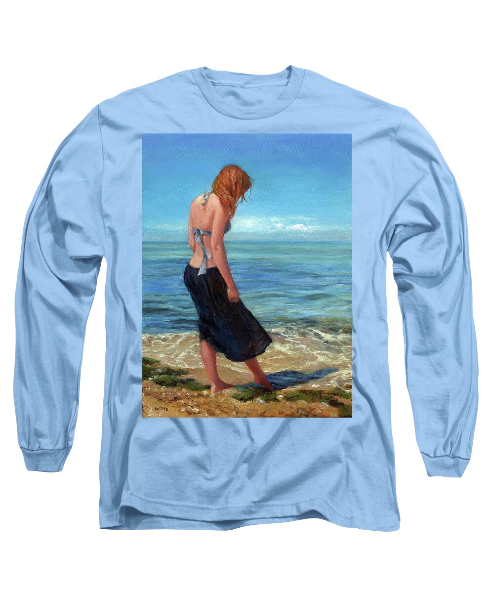 Young Woman In Surf Long Sleeve T-Shirt featuring the painting The Black Skirt by Marie Witte