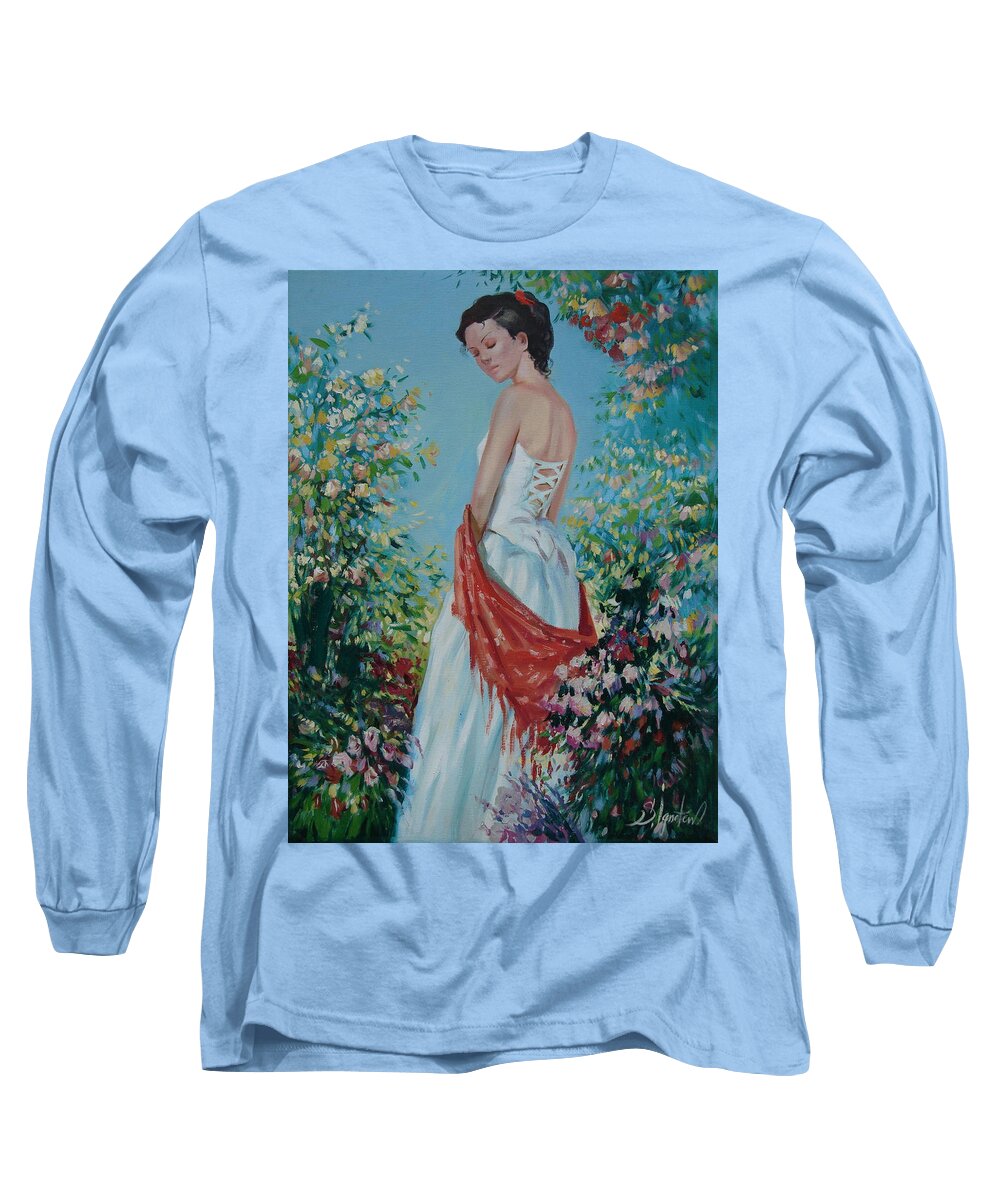 Oil Long Sleeve T-Shirt featuring the painting The florist in a red kerchief by Sergey Ignatenko