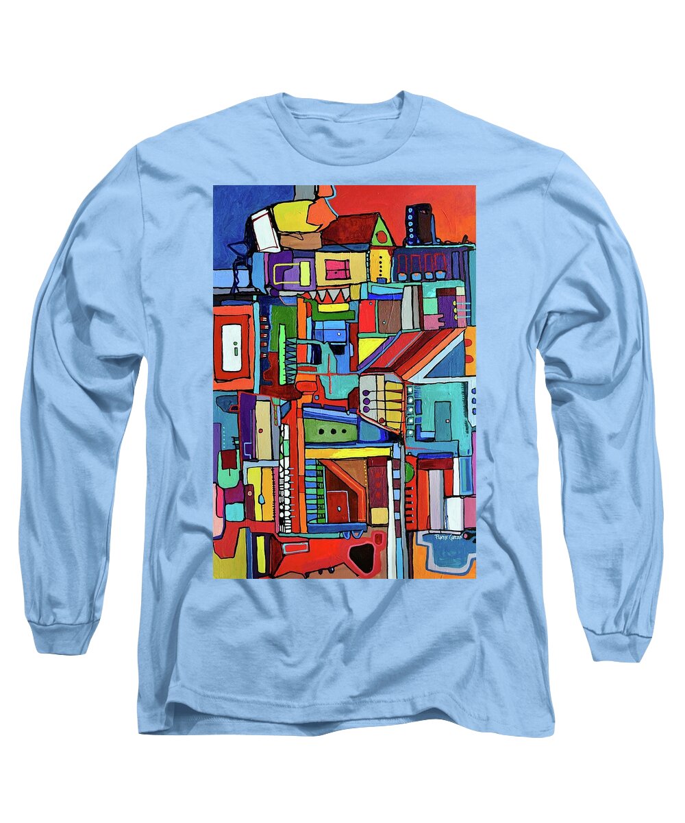 Doors And Windows With Colorful Neighborhood Long Sleeve T-Shirt featuring the painting The neighborhood by Plata Garza