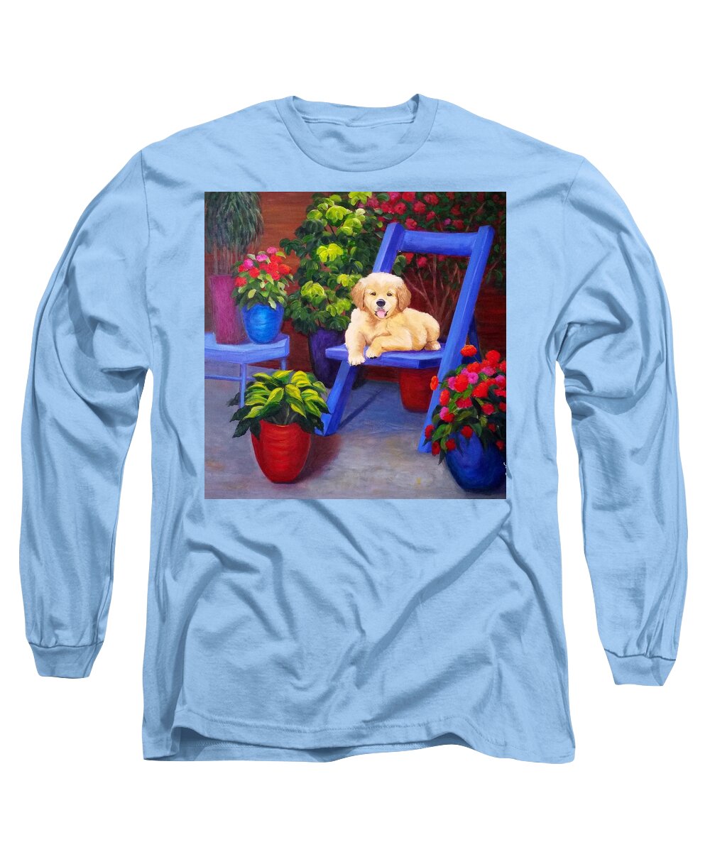 Dog Long Sleeve T-Shirt featuring the painting The puppy in the garden by Rosie Sherman