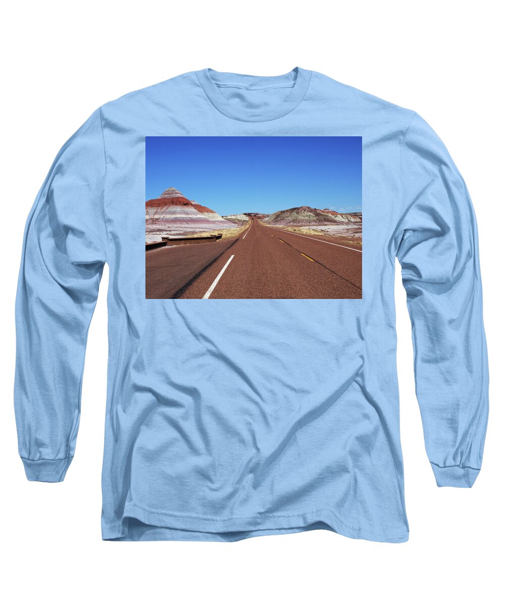 Arizona Long Sleeve T-Shirt featuring the photograph The Road through the Painted Desert by Mary Capriole