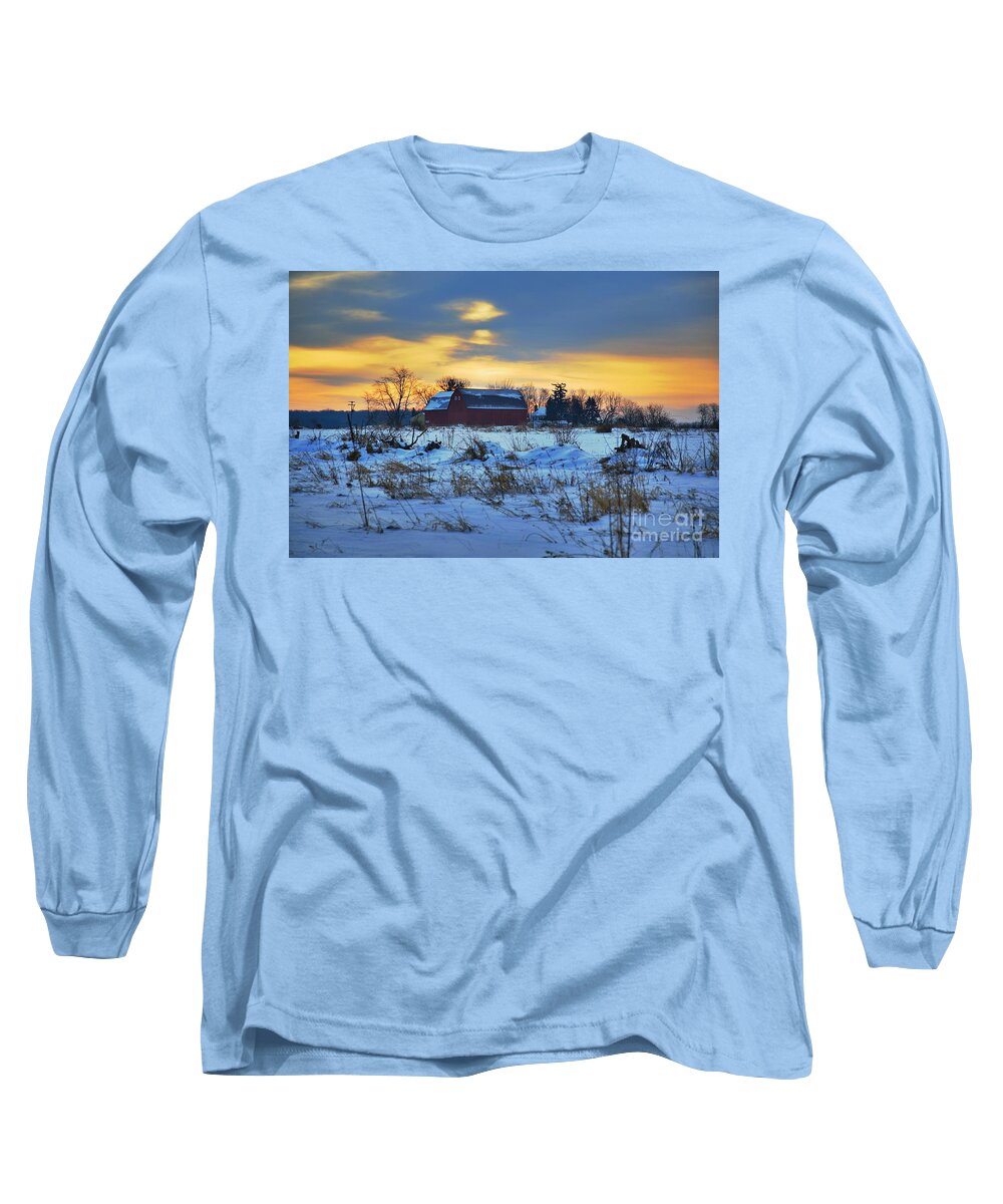 Michigan Farm Winter Cold Morning Related Tags: Barns Artwork Long Sleeve T-Shirt featuring the photograph Until Spring by Robert Pearson