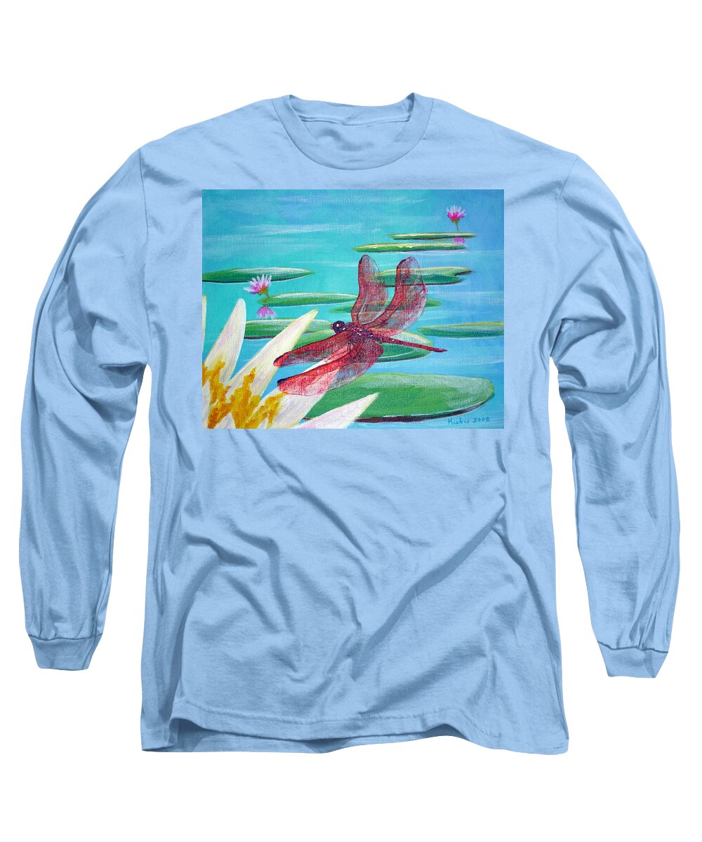 Water Long Sleeve T-Shirt featuring the painting Water Lilies and Dragonfly by Susan Kubes