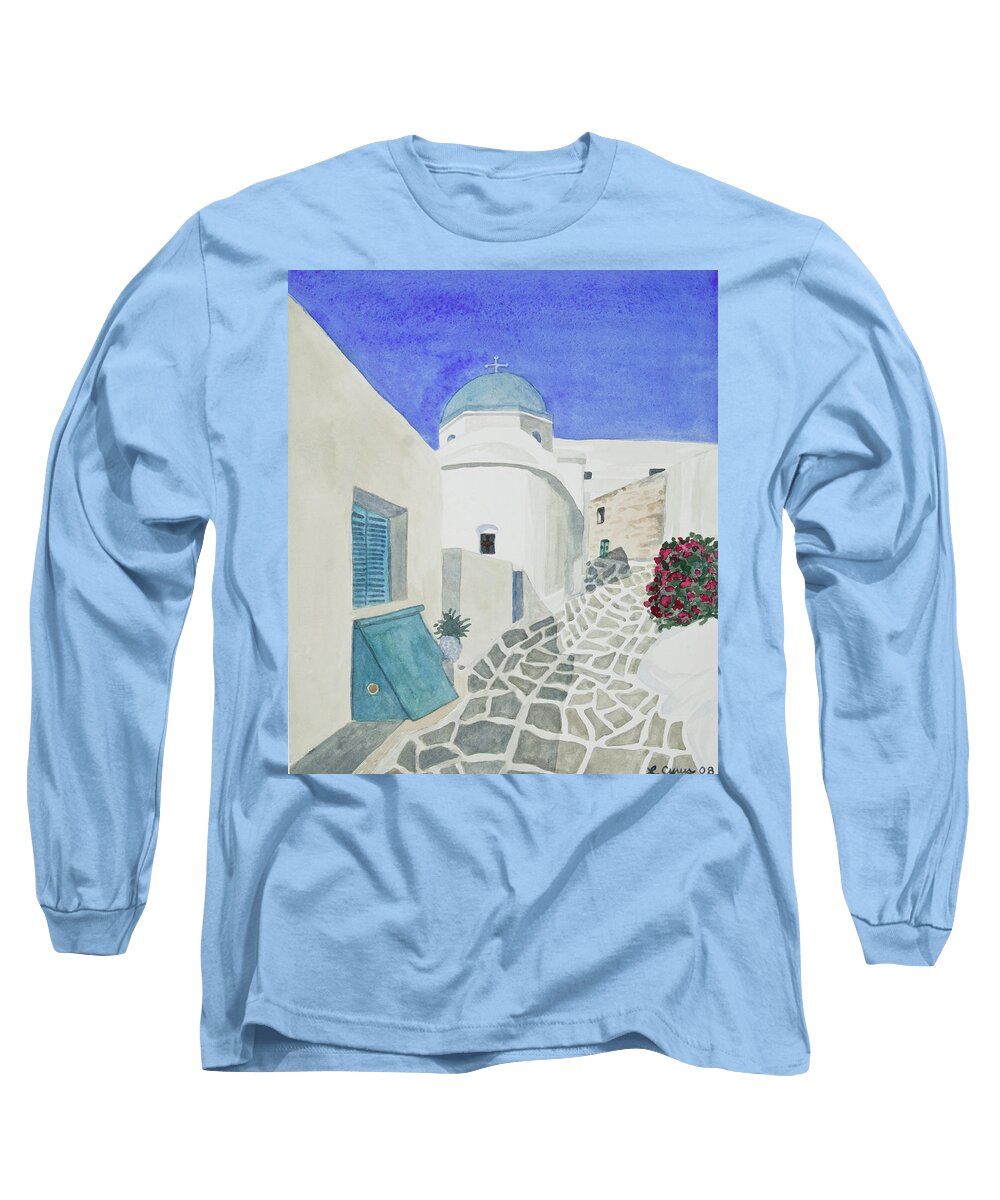 Paros Long Sleeve T-Shirt featuring the painting Watercolor - Paros Church and Street Scene by Cascade Colors