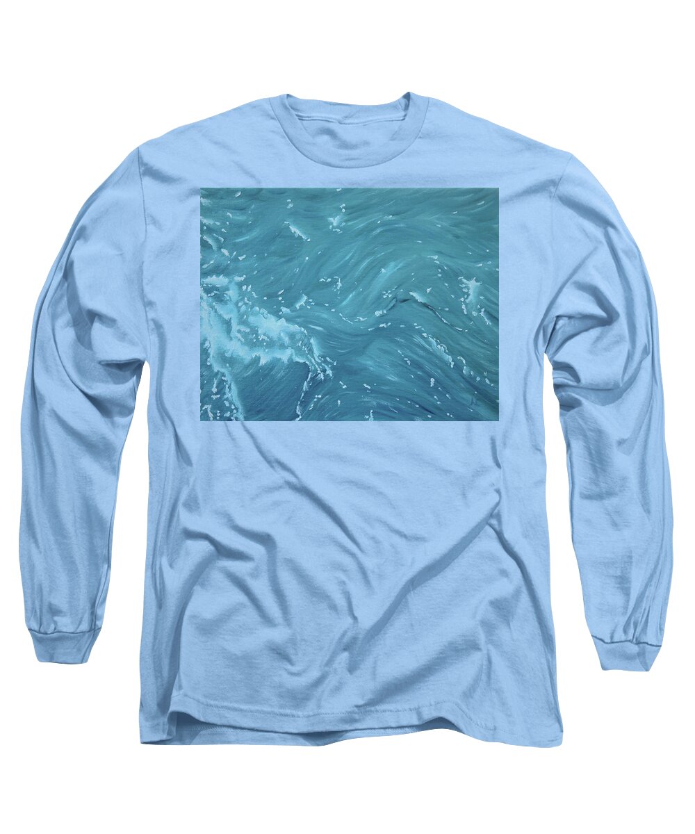 Waves Long Sleeve T-Shirt featuring the painting Waves - Light Blue by Neslihan Ergul Colley