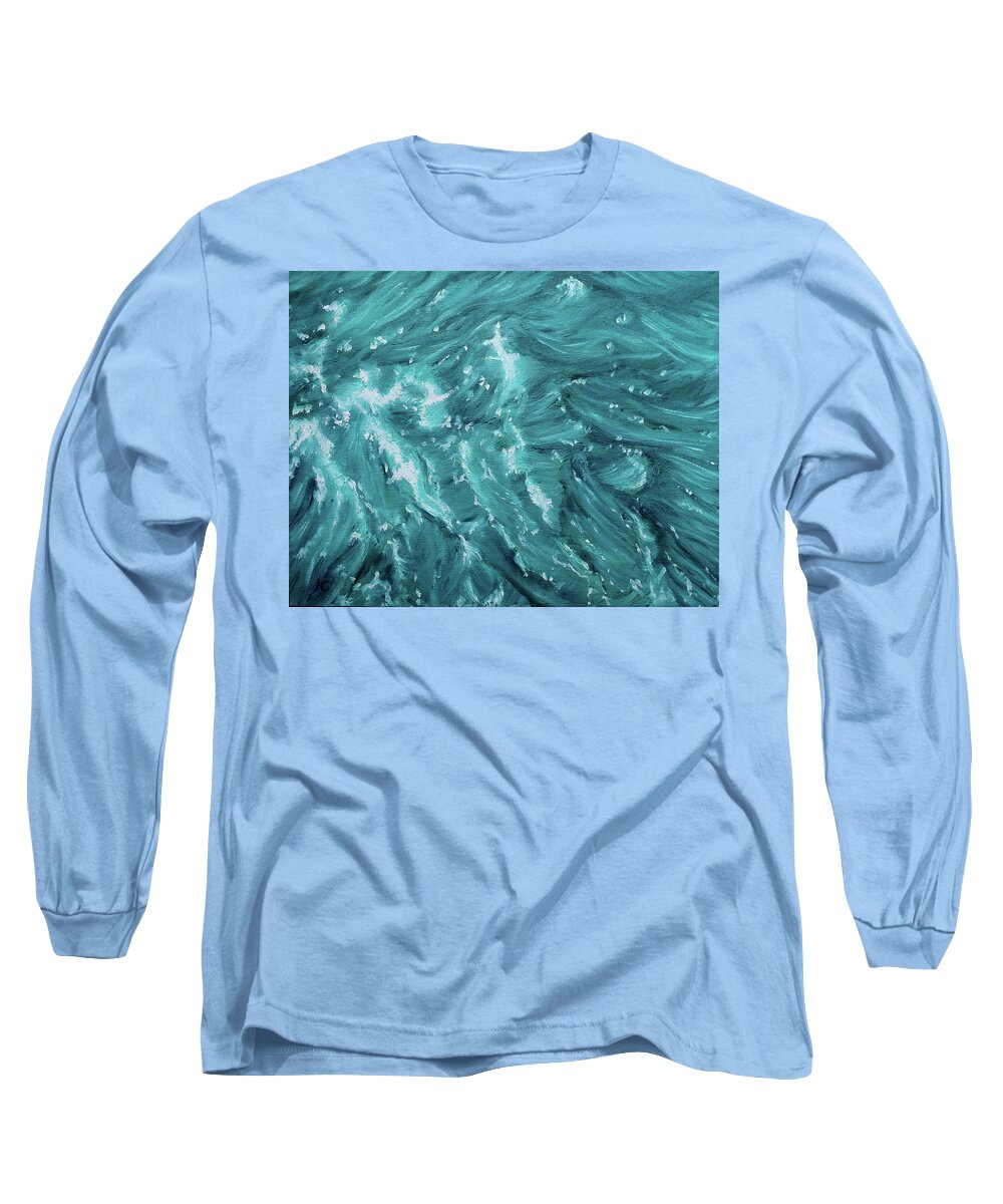 Waves Long Sleeve T-Shirt featuring the painting Waves - Light Turquoise by Neslihan Ergul Colley