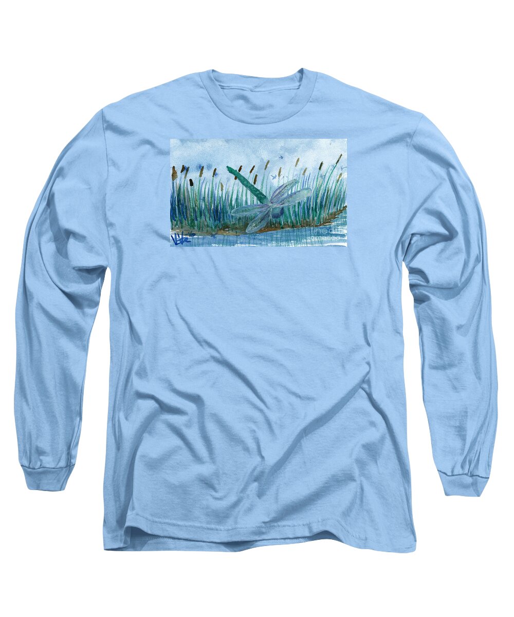 Dragonfly Long Sleeve T-Shirt featuring the painting Whispering Cattails by Victor Vosen