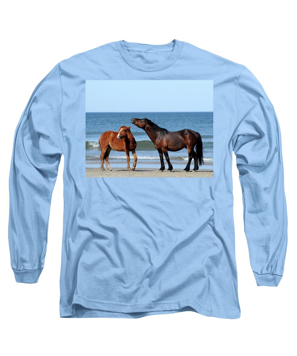 Wild Long Sleeve T-Shirt featuring the photograph Wild Horses on Beach by Ted Keller