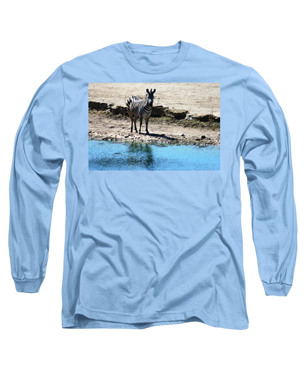 Zebra Long Sleeve T-Shirt featuring the mixed media Zebra at the watering hole by Steve Karol