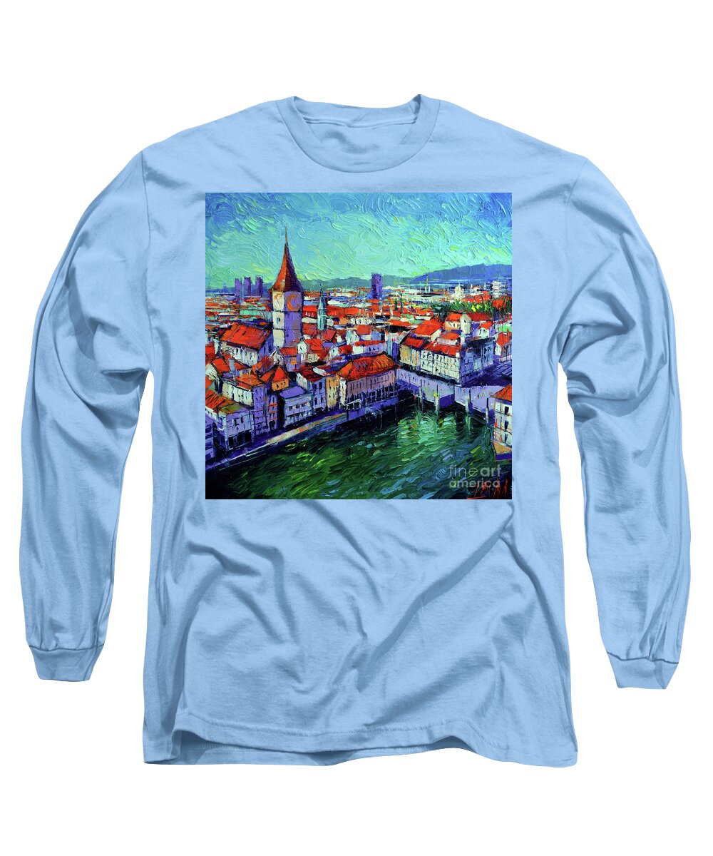 Zurich View Long Sleeve T-Shirt featuring the painting Zurich View by Mona Edulesco