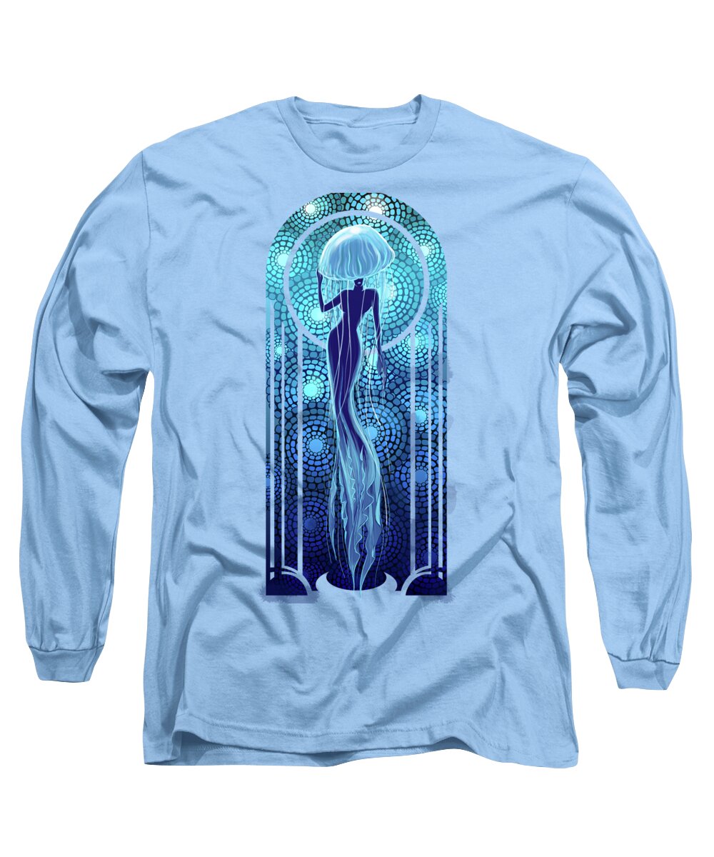 Jellyfish Long Sleeve T-Shirt featuring the painting Art deco jellyfish woman by Sassan Filsoof