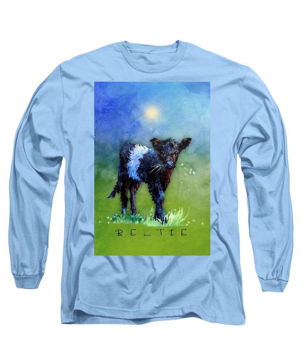 Belted Galloway Long Sleeve T-Shirt featuring the mixed media Baby Beltie by L Diane Johnson