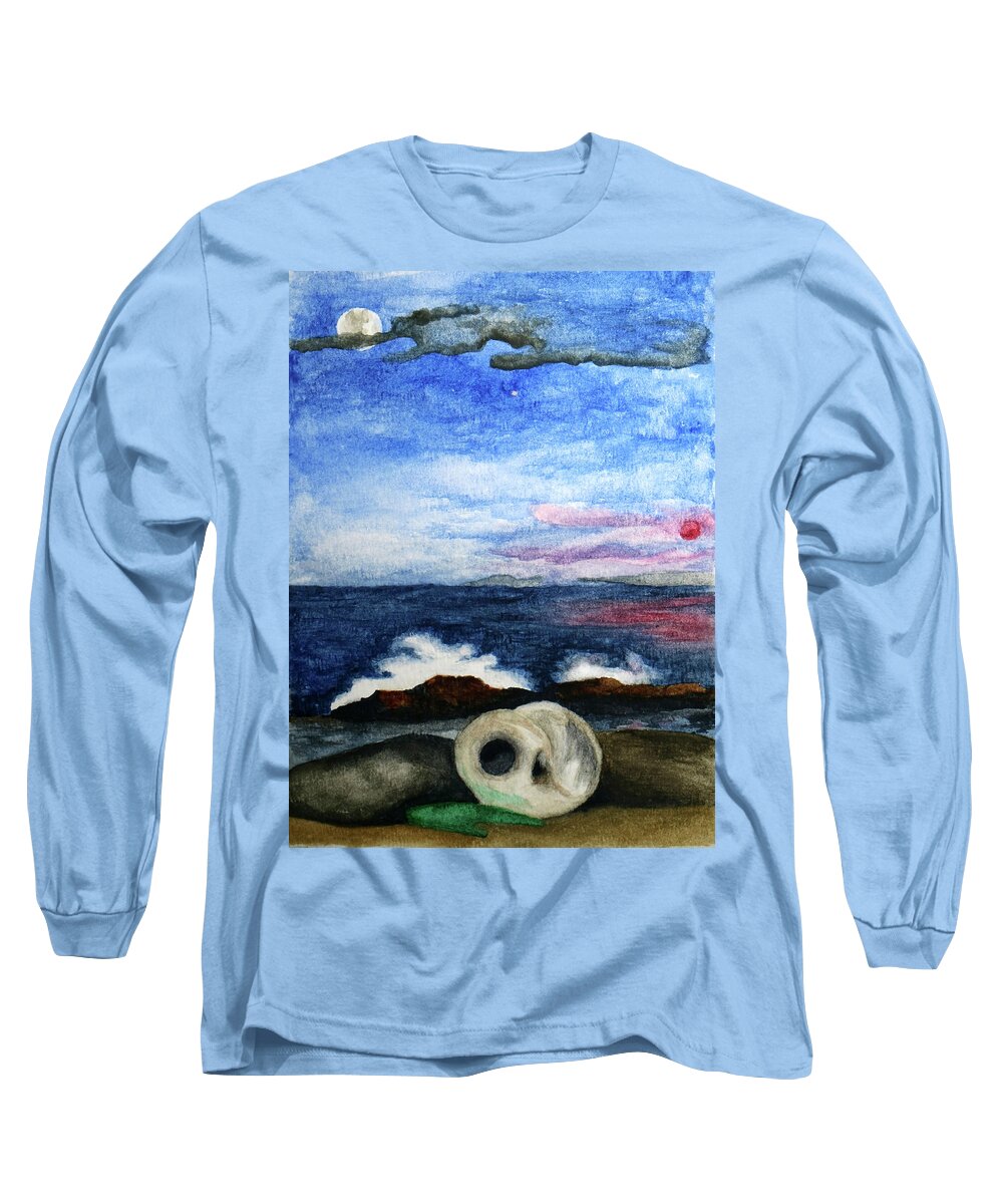 Watercolor Long Sleeve T-Shirt featuring the painting Beach Debris with Waves by Robert Morin