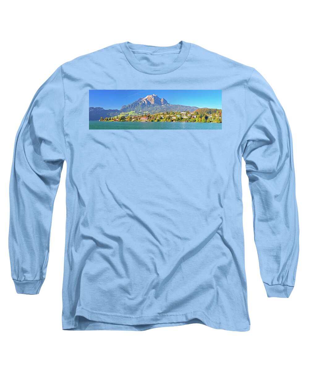 Lucerne Long Sleeve T-Shirt featuring the photograph Coast of Lake Lucerne and Pilatus mountain panoramic view by Brch Photography