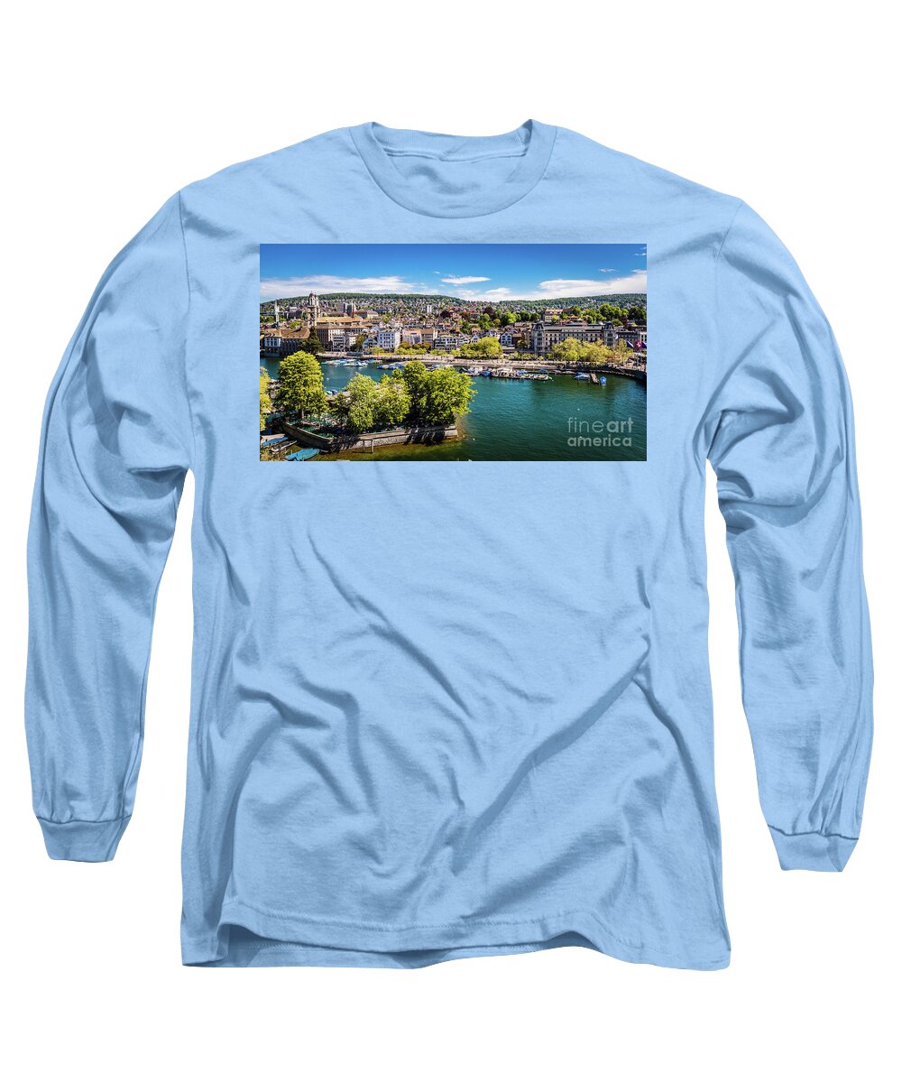 Zurich Long Sleeve T-Shirt featuring the photograph Downtown Zurich, along the Limmat, Switzerland by Lyl Dil Creations