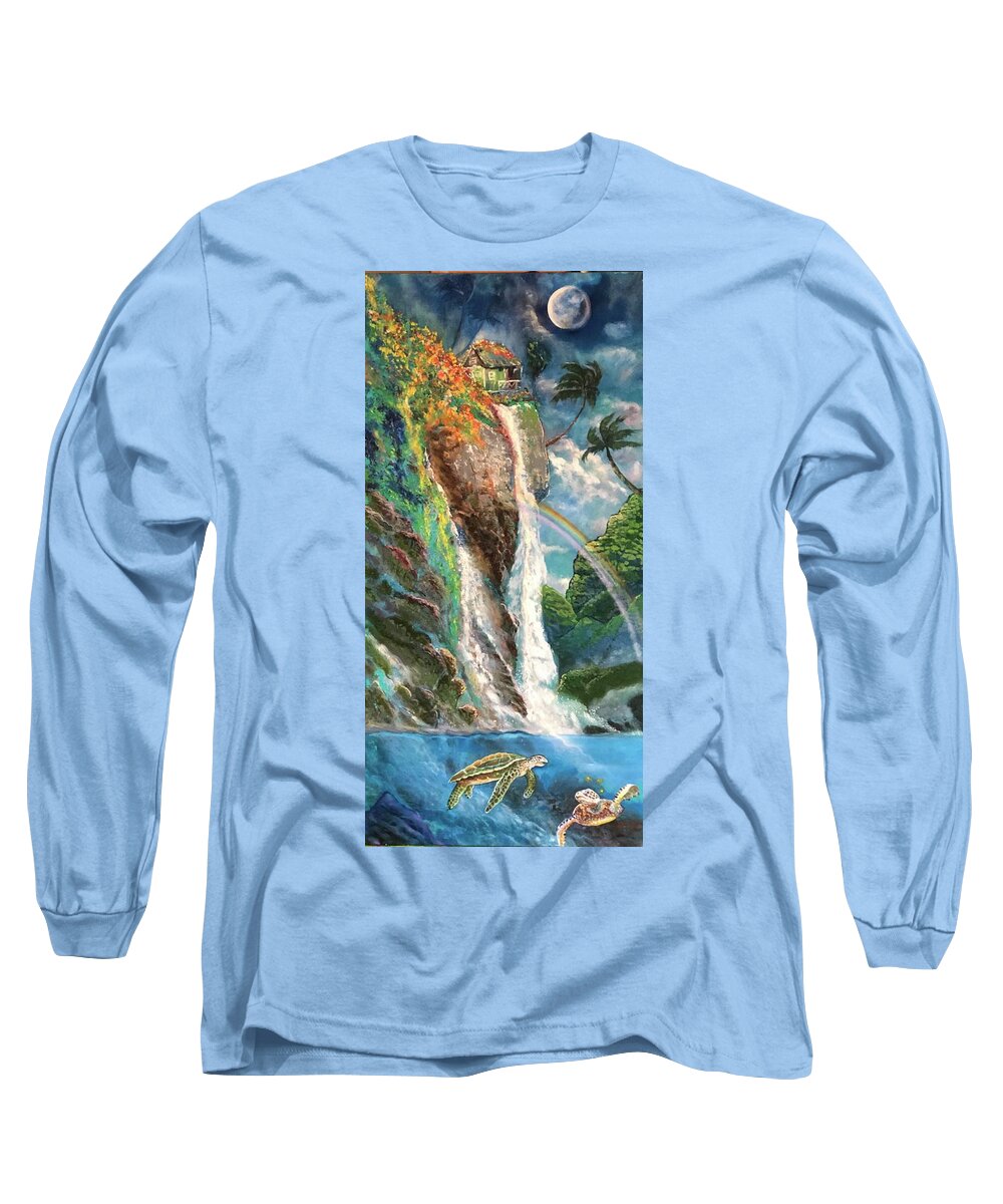 Hawaii Turtle Sescape Original Painting Long Sleeve T-Shirt featuring the painting Hawaiian Honu Turtle by Leland Castro