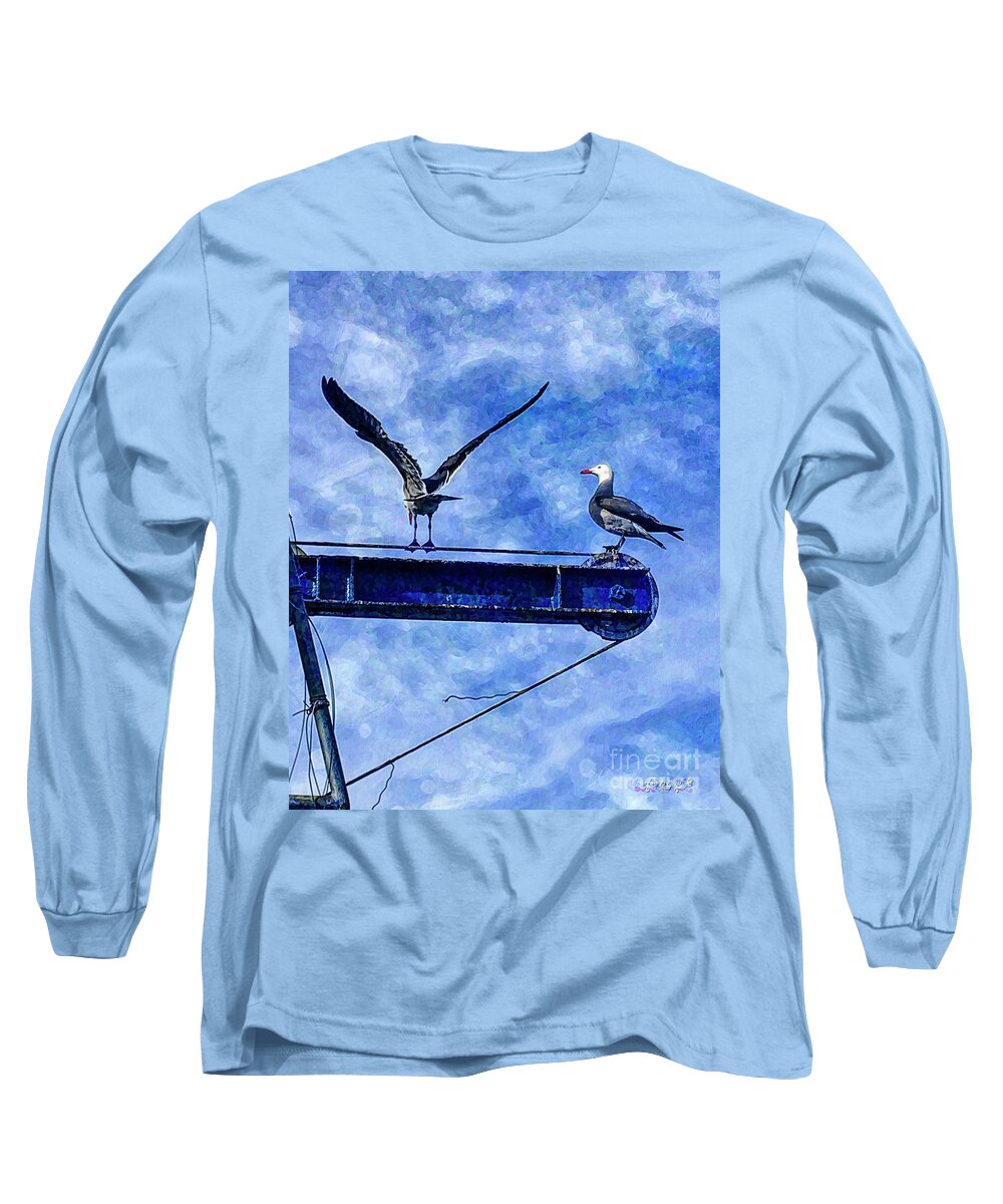 Ports O' Call Long Sleeve T-Shirt featuring the digital art High Diving Gulls by Rhonda Strickland