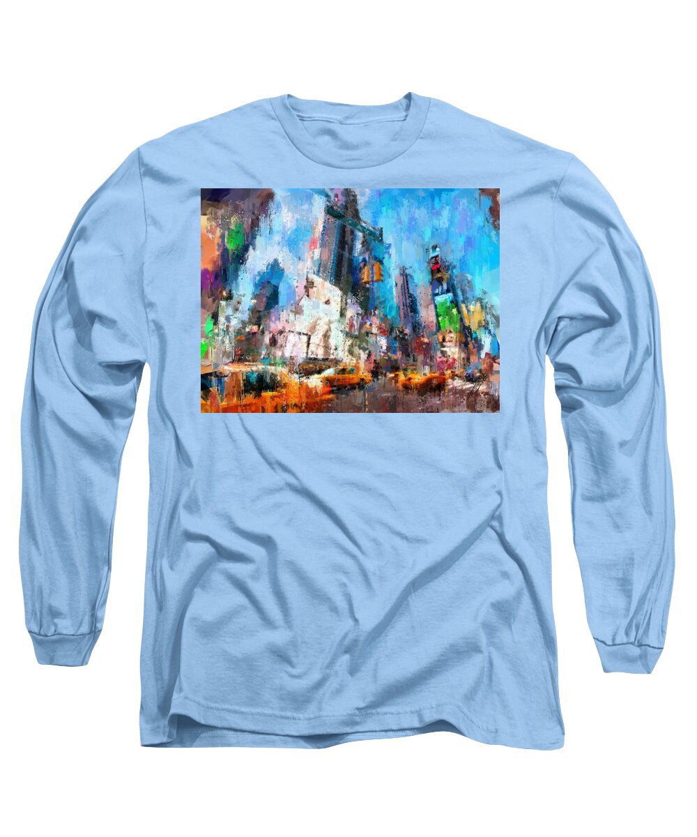 New York Long Sleeve T-Shirt featuring the painting NEW YORK - Times Square by Vart Studio