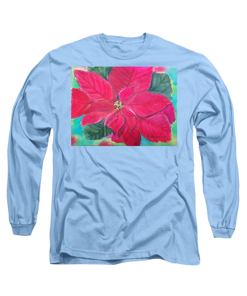 Cristmas Long Sleeve T-Shirt featuring the painting Poinsettia Glow by Ann Frederick