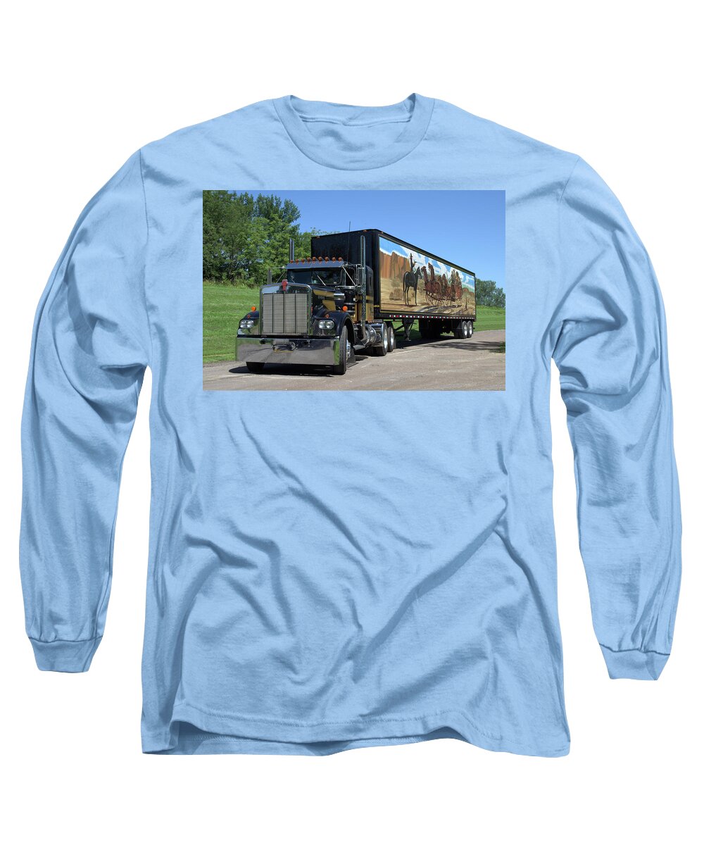  Kenworth Long Sleeve T-Shirt featuring the photograph Smokey and the Bandit Tribute Kenworth W900 Black and Gold Semi Truck by TeeMack