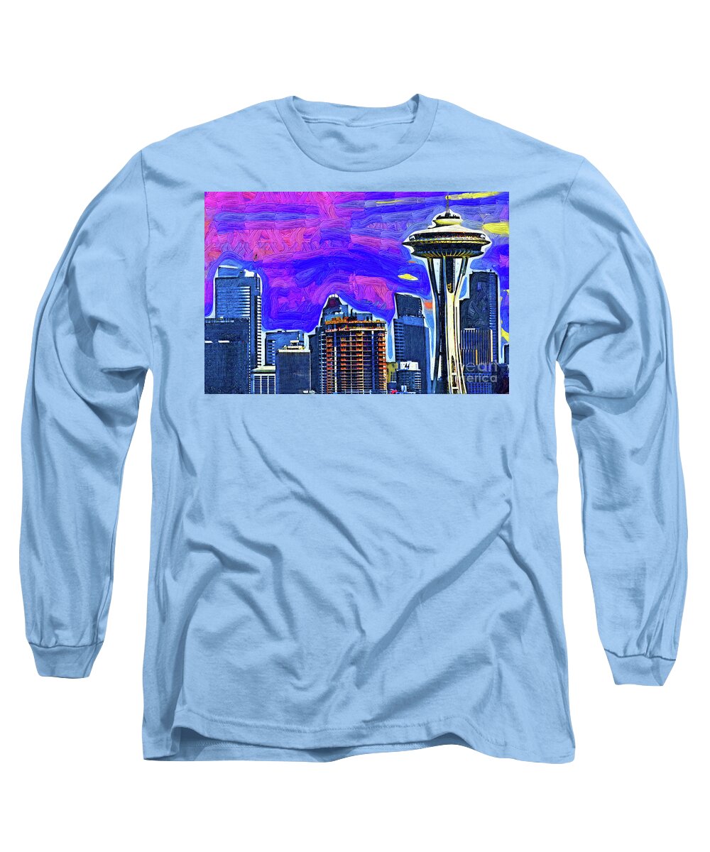 Space Needle Long Sleeve T-Shirt featuring the digital art Space Needle Fauvism Style by Kirt Tisdale