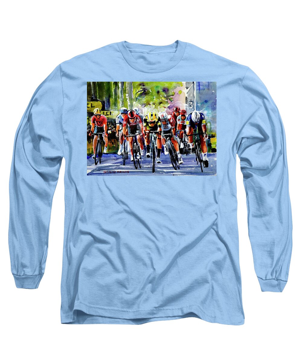 Tour De France Long Sleeve T-Shirt featuring the painting Stage 10 Sprint Finish Throw by Shirley Peters