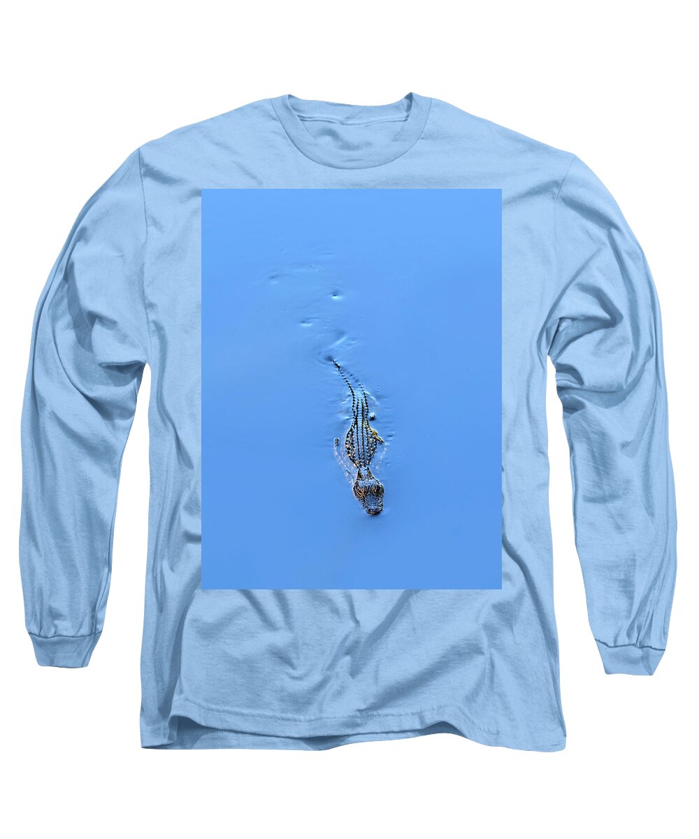 American Alligator Long Sleeve T-Shirt featuring the photograph Swimming In Blue by Stuart Harrison