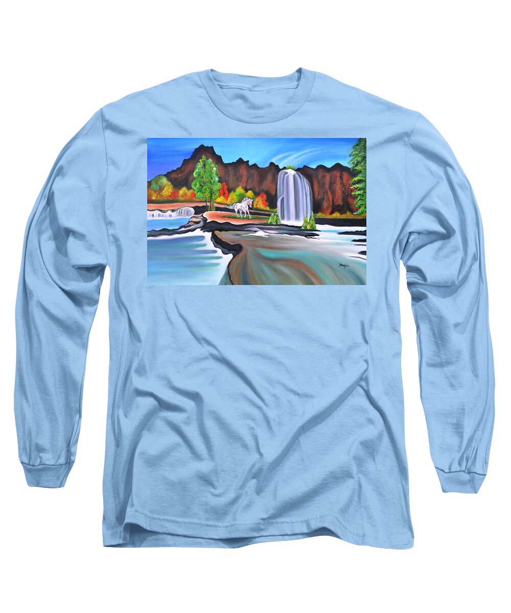 Waterfall Long Sleeve T-Shirt featuring the painting The Waterfall II by Manjiri Kanvinde
