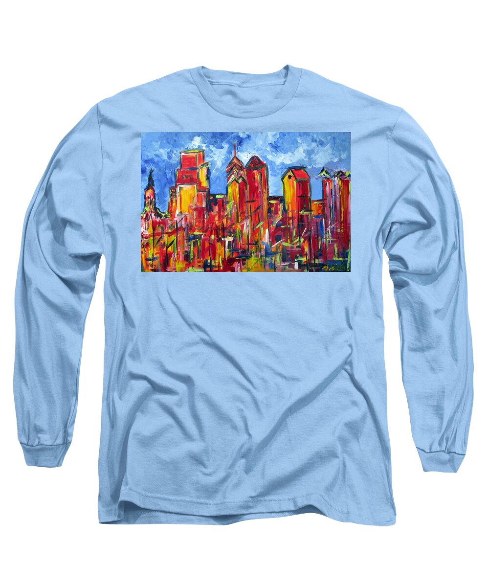 Philadelphia Long Sleeve T-Shirt featuring the painting Red Blue Philly Skyline by Britt Miller